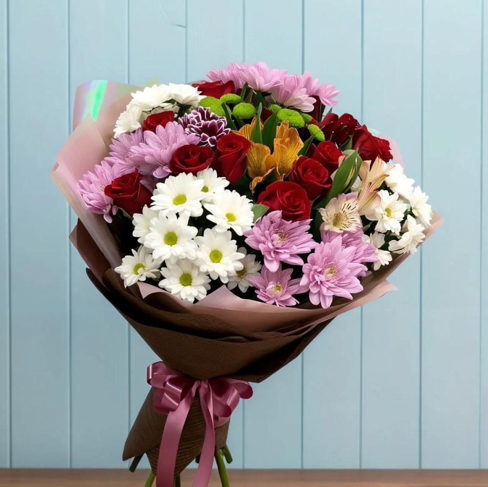 Букет цветов из: Розы, Хризантемы и Альстромерии в Степной