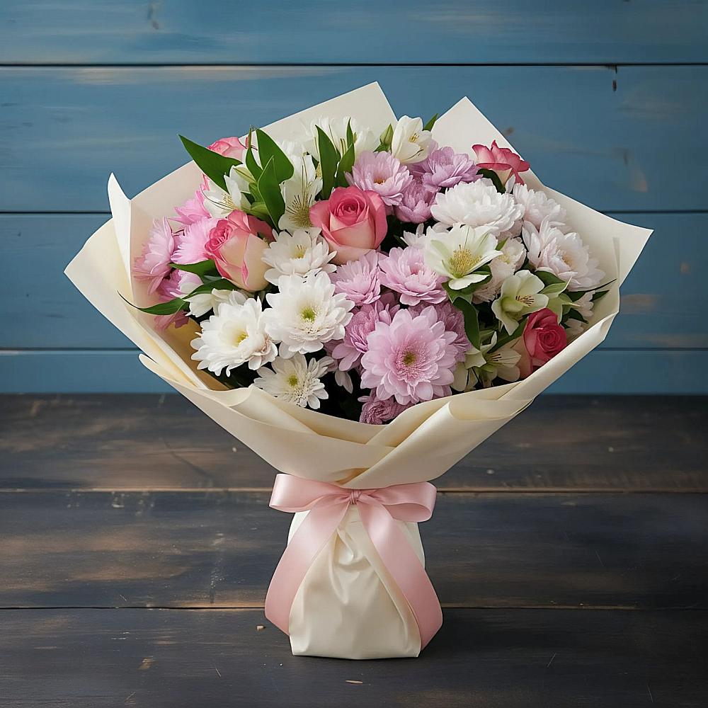 Букет цветов из: Хризантемы, Альстромерии и Розы в Степной